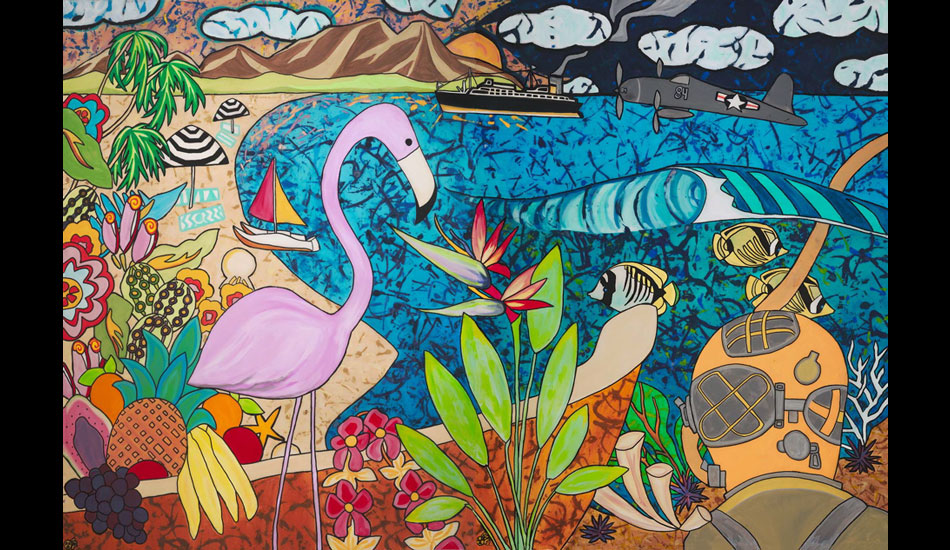 This is a painting titled "Flamingo Diver." The theme of this painting is 1950s vintage Hawaii and Waikiki.