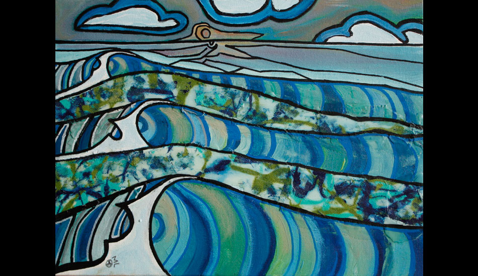 The fiberglass cloth and resin technique shows well in this painting. I painted onto the fiberglass and then put resin over the painting.
