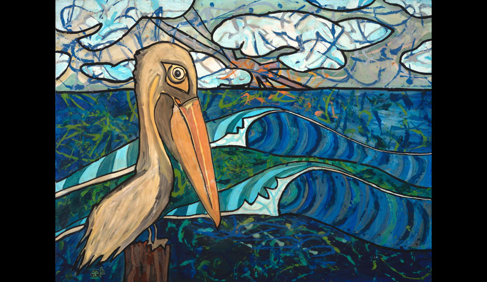 When I think of the ocean, I always imagine pelicans gliding past me while I'm sitting waiting for my next wave. I really like to paint these unique birds.
