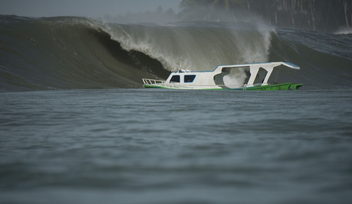 Boat becomes adrift from iitâs moorings at Sorake, on Nias Island, Sumatra, Indonesia. A massive swell hit the islands and  drew some of the worlds best surfers to this particular reef  for this swell at Lagrundi bay. The boat subsequently gets caught by a huge wave and is smashed on to the reef. No one was injured during the incident.