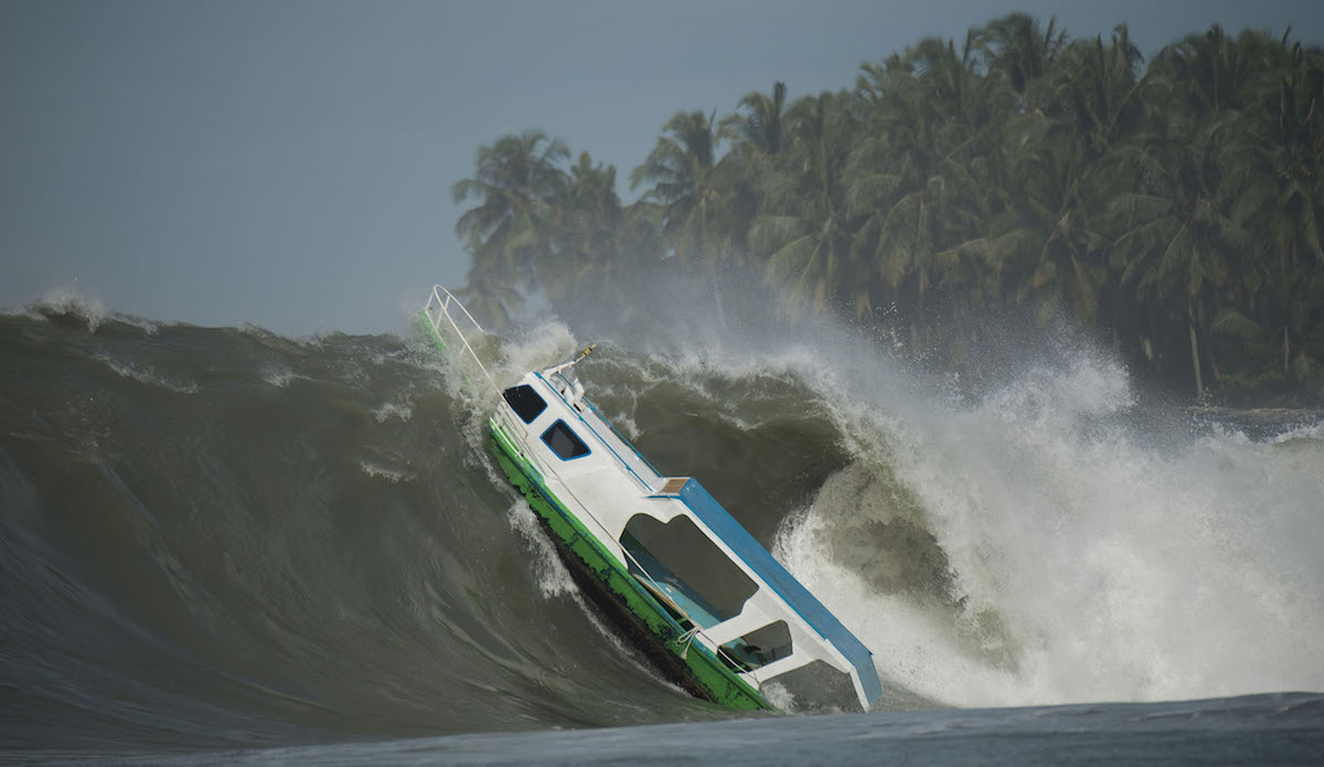 Boat becomes adrift from iitâs moorings at Sorake, on Nias Island, Sumatra, Indonesia. A massive swell hit the islands and  drew some of the worlds best surfers to this particular reef  for this swell at Lagrundi bay. The boat subsequently gets caught by a huge wave and is smashed on to the reef. No one was injured during the incident.