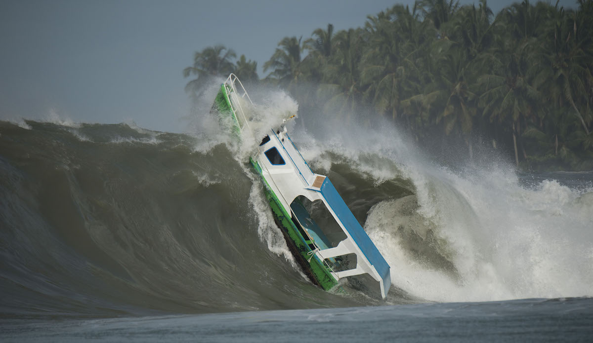 Boat becomes adrift from iitâs moorings at Sorake, on Nias Island, Sumatra, Indonesia. A massive swell hit the islands and  drew some of the worlds best surfers to this particular reef  for this swell at Lagrundi bay. The boat subsequently gets caught by a huge wave and is smashed on to the reef. No one was injured during the incident.