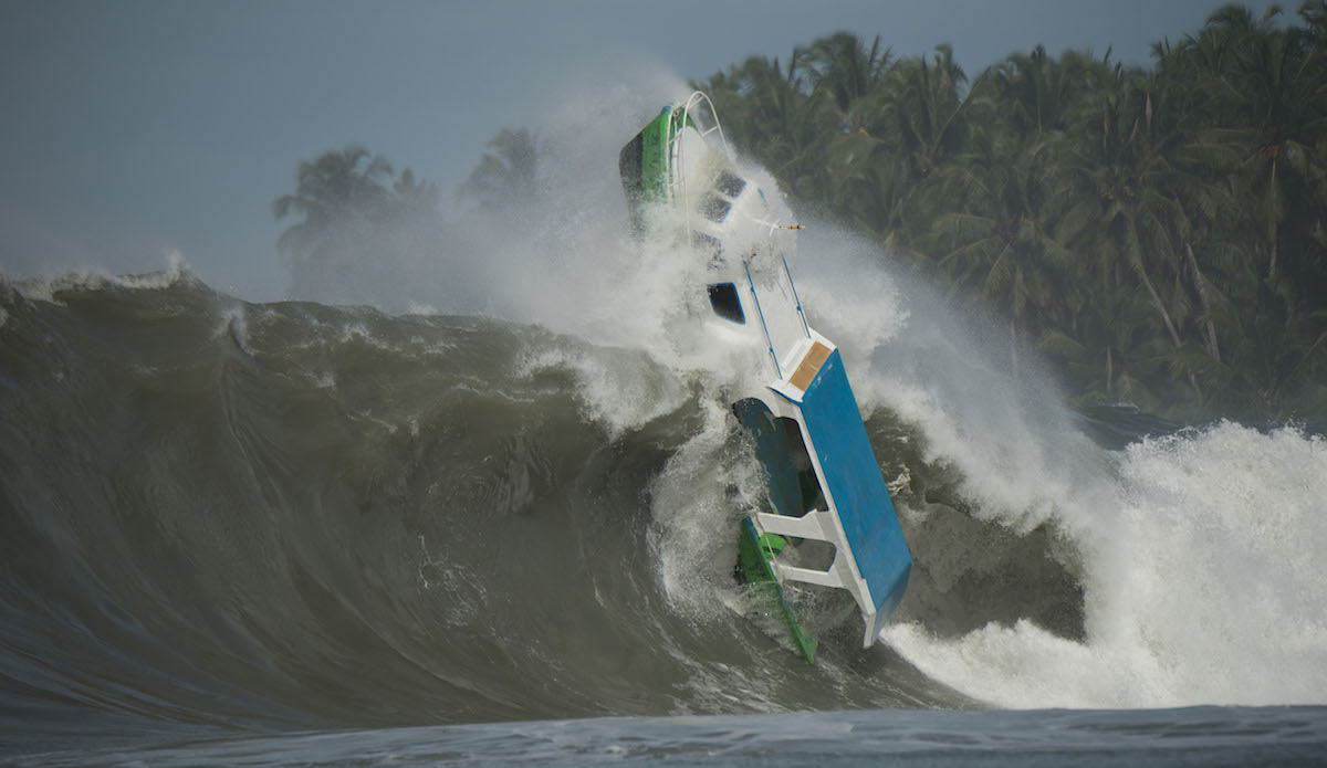 Boat becomes adrift from iitâs moorings at Sorake, on Nias Island, Sumatra, Indonesia. A massive swell hit the islands and  drew some of the worlds best surfers to this particular reef  for this swell at Lagrundi bay. The boat subsequently gets caught by a huge wave and is smashed on to the reef. No one was injured during the incident.
