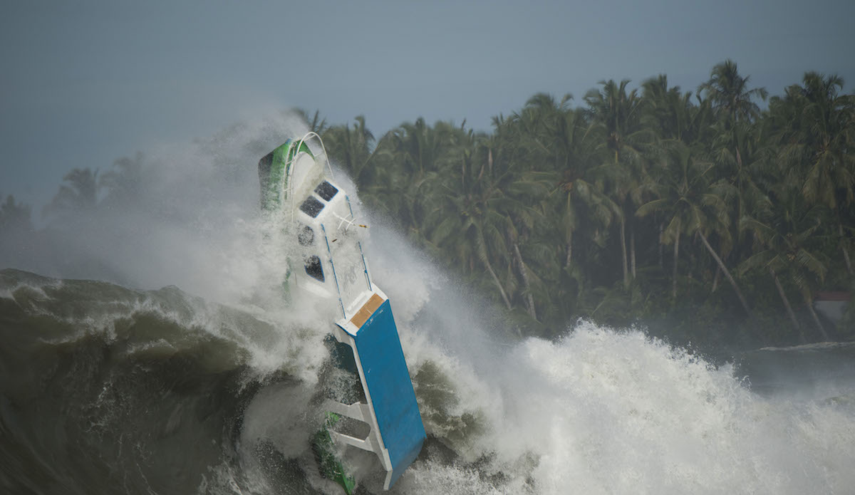 Boat becomes adrift from iitâs moorings at Sorake, on Nias Island, Sumatra, Indonesia. A massive swell hit the islands and  drew some of the worlds best surfers to this particular reef  for this swell at Lagrundi bay. The boat subsequently gets caught by a huge wave and is smashed on to the reef. No one was injured during the incident.