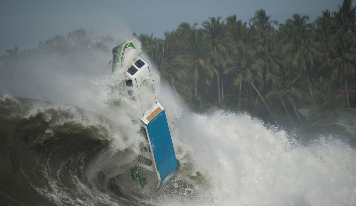 Boat becomes adrift from iitâs moorings at Sorake, on Nias Island, Sumatra, Indonesia. A massive swell hit the islands and  drew some of the worlds best surfers to this particular reef  for this swell at Lagrundi bay. The boat subsequently gets caught by a huge wave and is smashed on to the reef. No one was injured during the incident.