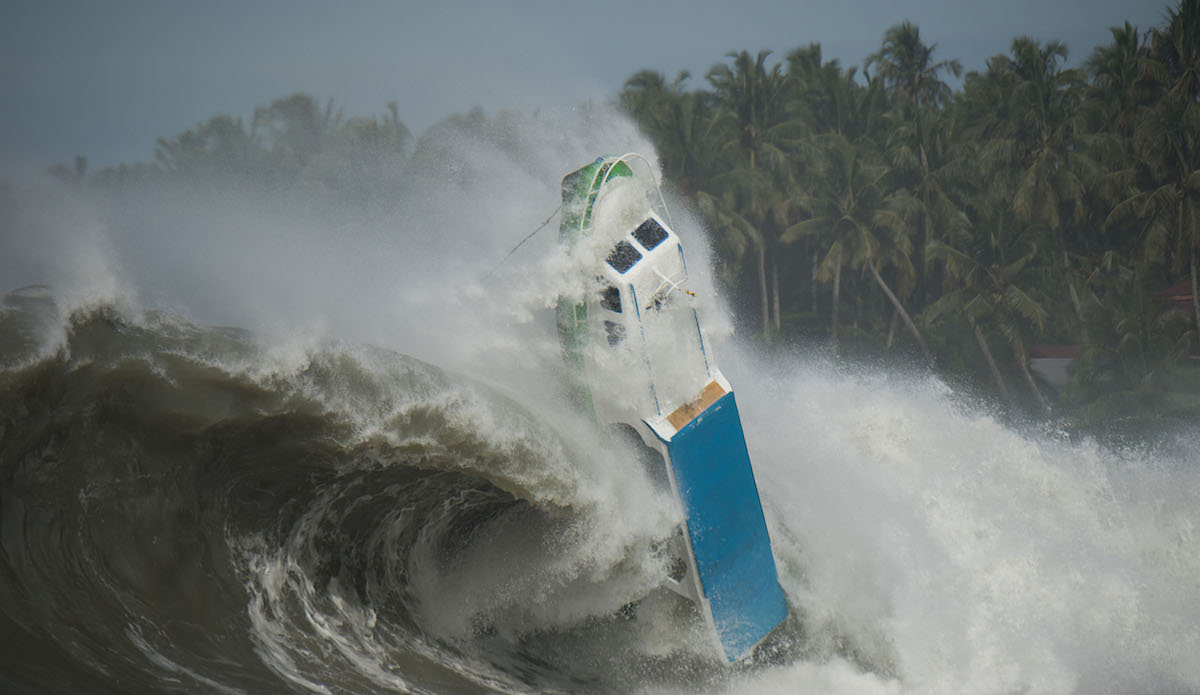 Boat becomes adrift from iitâs moorings at Sorake, on Nias Island, Sumatra, Indonesia. A massive swell hit the islands and  drew some of the worlds best surfers to this particular reef  for this swell at Lagrundi bay. The boat subsequently gets caught by a huge wave and is smashed on to the reef. No one was injured during the incident.