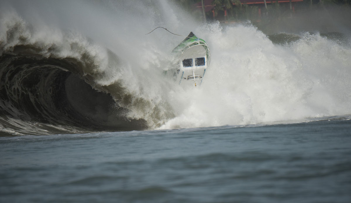 Boat becomes adrift from iitâs moorings at Sorake, on Nias Island, Sumatra, Indonesia. A massive swell hit the islands and  drew some of the worlds best surfers to this particular reef  for this swell at Lagrundi bay. The boat subsequently gets caught by a huge wave and is smashed on to the reef. No one was injured during the incident.
