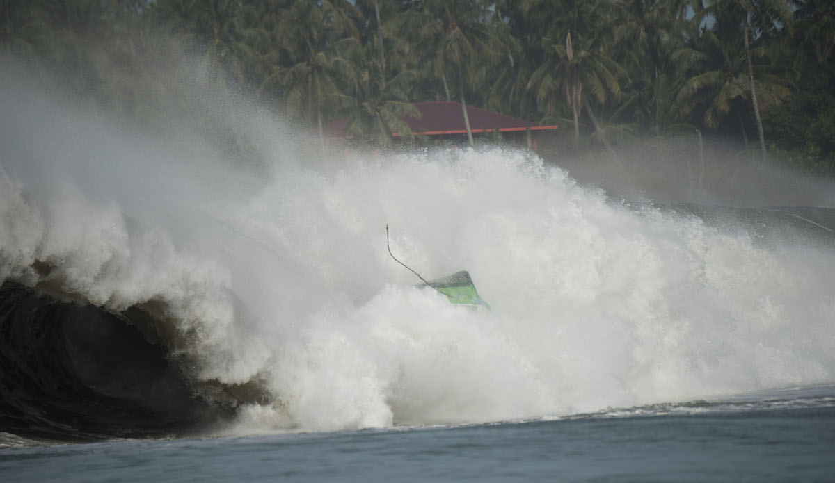 Boat becomes adrift from iitâs moorings at Sorake, on Nias Island, Sumatra, Indonesia. A massive swell hit the islands and  drew some of the worlds best surfers to this particular reef  for this swell at Lagrundi bay. The boat subsequently gets caught by a huge wave and is smashed on to the reef. No one was injured during the incident.