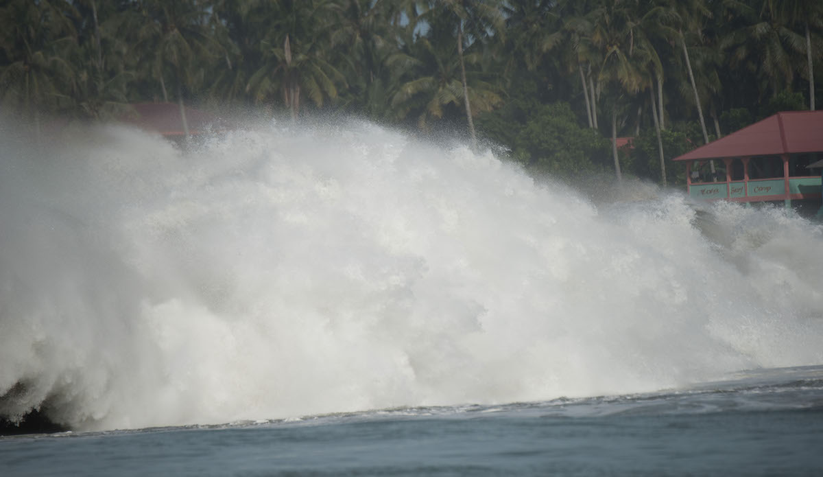 Boat becomes adrift from iitâs moorings at Sorake, on Nias Island, Sumatra, Indonesia. A massive swell hit the islands and  drew some of the worlds best surfers to this particular reef  for this swell at Lagrundi bay. The boat subsequently gets caught by a huge wave and is smashed on to the reef. No one was injured during the incident.
