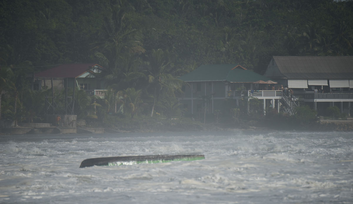 Boat becomes adrift from iitâs moorings at Sorake, on Nias Island, Sumatra, Indonesia. A massive swell hit the islands and  drew some of the worlds best surfers to this particular reef  for this swell at Lagrundi bay. The boat subsequently gets caught by a huge wave and is smashed on to the reef. No one was injured during the incident.