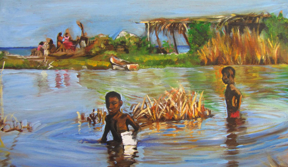 Haiti Kids. Oil paint on wood. I went on a SurfExplore trip with photographer John S. Callahan, Holly Beck, Emi Cataldi, Sam Bleakley, and Erwan Simon. We explored the South West Coast of Haiti with local surfer Russell Berhman. These kids lived in a small village close to a wave we surfed.  Their whole village came to watch us every time we paddled out. They screamed and cheered for us as it was the first time to see surfing.