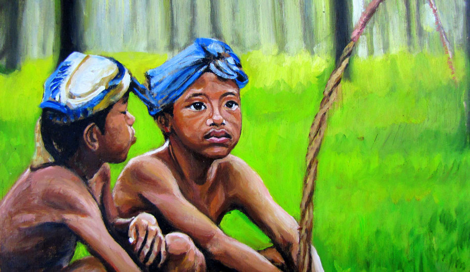 Java Kids in a Rubber Plantation. Oil on wood. I painted this while staying on Nias, Indonesia in August 2010.