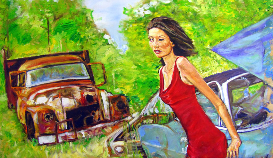 Crystal in a Junkyard. Oil on wood. This is my girlfriend, Crystal. The junkyard is close to our house in rural South Carolina.  She is a great subject to paint, but rarely likes the portraits I do of her!