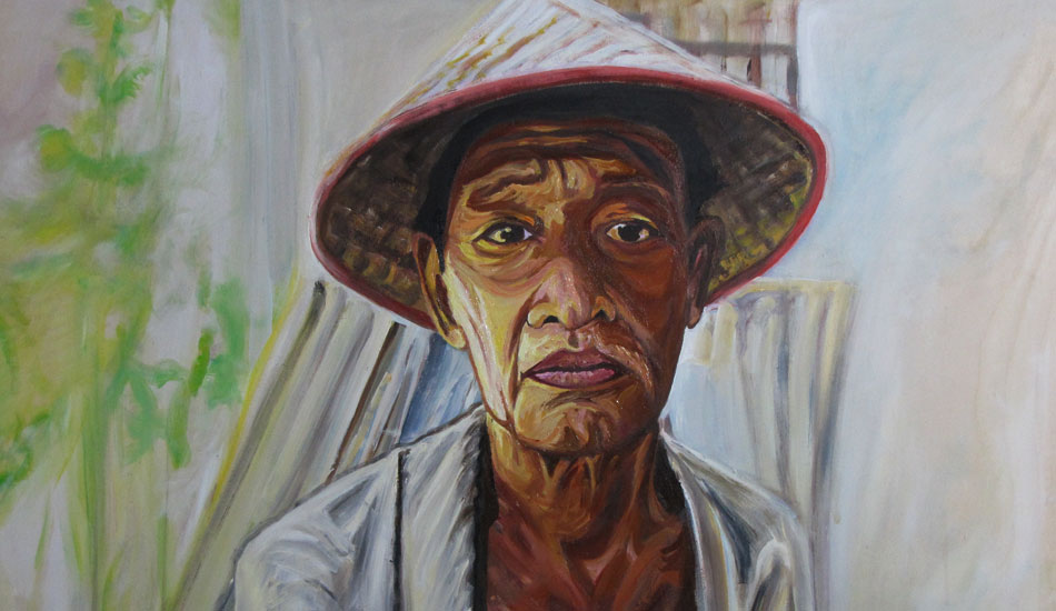 Pak Hosan. Oil on wood. Anyone who has stayed on land at HT's in the Mentawais has met Pak Hosan. He was the guy who Lance stayed with when he stumbled upon HT's (Lance's Right) in the '90s. Pak still runs the guest house, and loves to spank anyone who dares to play him at Chess. He is the most jolly, laid-back Indonesian that I have ever met. He's a legend. Telos Island Lodge purchased this painting, which is the most luxurious resort in all of Indonesia. It’s ironic because of the contrast between his guesthouse and the five-star place where his portrait hangs.
