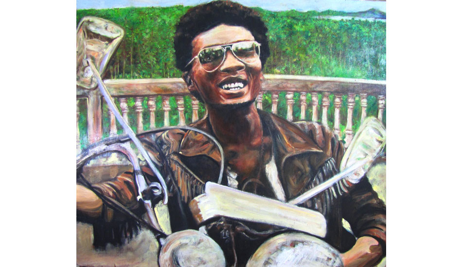 Jimmy Cliff in Nias. Oil on wood. Music is really important to me when I travel and paint. My friend turned me on to the movie, "The Harder They Come" starring Jimmy Cliff as Ivan. He was an outlaw in the movie, and I imagined him on the run on Nias Island, Indonesia. Behind him is the view from the tomb of the Queen of South Nias, which is close to Lagundri Bay.