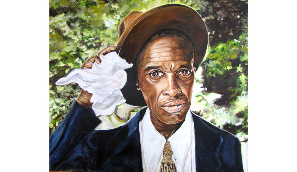 Skip James. Oil on wood. Skip is an amazing blues man. This is based on a black and white photo of him just after he came off stage at the Newport Blues Festival in the late '50s. He was one of the bluesmen responsible for the blues revival that influenced many of the 60s rock bands.
