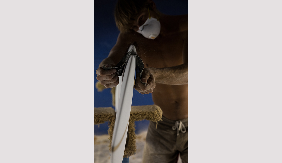 Robin Kegel putting the final touches on one of his boards. Santa Ana, CA.
