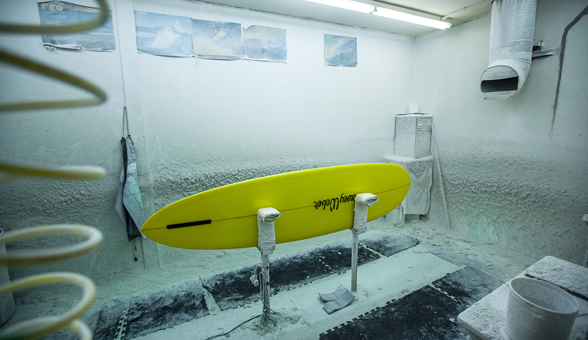 A Dewey Weber surfboard in the polishing room at the Watermans Guild, Santa Ana, CA.