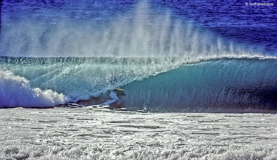Mike Benevidez, 1977. After getting punished by pounding close-outs at home, every other wave they surfed seemed perfect:  Mike Benevidez traveling down the line. Photo: Surf-Shot.com