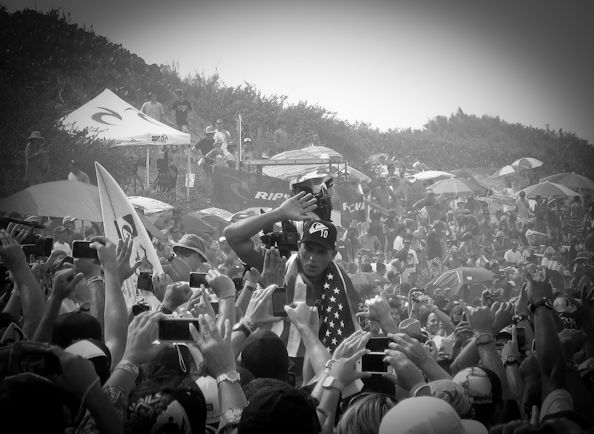 Kelly Slater moments after clinching his tenth ASP World Title at the Rip Curl Pro Search Somewhere in Puerto Rico. Photo: Matt Bauer Kelly Slater moments after clinching his tenth ASP World Title at the Rip Curl Pro Search Somewhere in Puerto Rico. Photo: Matt Bauer