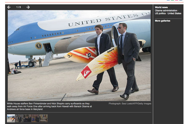 No, these aren't soft tops. They're not fun boards. They're the real deal: full-fledged rhino chasers. Image: Guardian.co.uk President Obama's Surfboards
