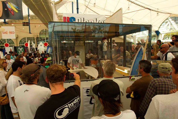 Surfers really only care about two things: waves and the equipment to ride them with. Everything else, relative to riding waves, is bullshit. Matt Biolos gets to work in the shaping bay. Photo: Bass Sacred Craft Surfboard Expo Matt Biolos Shaper