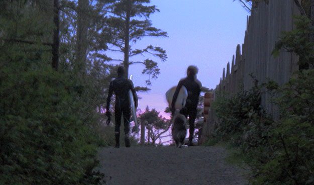 Fact: Two out of every three surfers in Tofino own large dogs. Surfers walking with dog