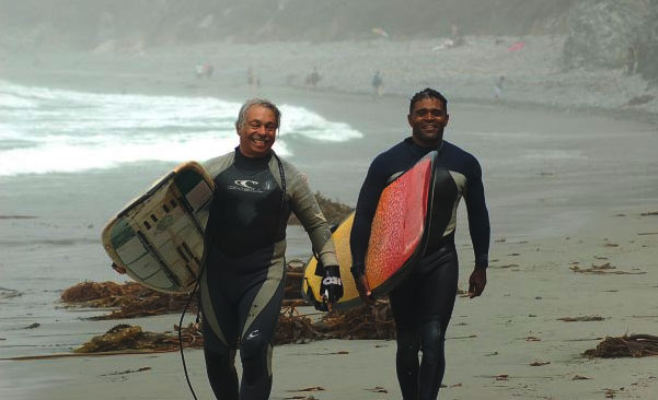 "Mother Ocean knows no prejudices at all," says Tony Corley, founder of the Black Surfing Association (L). "She’ll slap the shit out of you or make love to you and bring you back again. She’s a wonderful woman.” Corley (L) pictured with friend and BSA Member Gregory Rachal at the annual BSA surf retreat in 2008. Photo: Courtesy Tony Corley "Mother Ocean knows no prejudices at all," says Tony Corley, founder of the Black Surfing Association (L). "She’ll slap the shit out of you or make love to you and bring you back again. She’s a wonderful woman.” Corley (L) pictured with friend and BSA Member Gregory Rachal at the annual BSA surf retreat in 2008. Photo: Courtesy Tony Corley