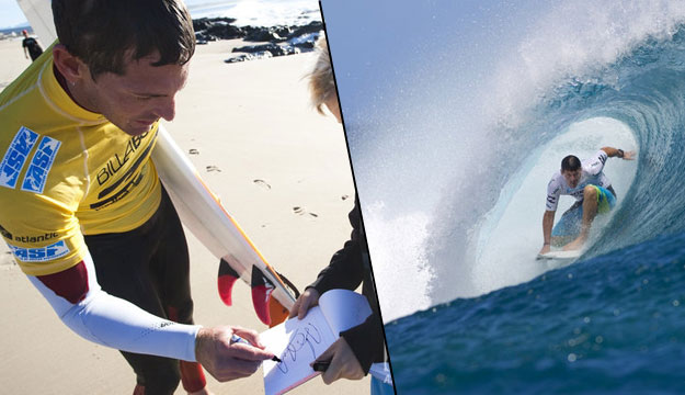 Irons' raw character and unpredictabliity in the surf made him a fan favorite. Two Irons' signatures: autographs at Jeffreys Bay in 2010 (L) and backhand barrel riding in Tahiti (R). Photos: ASP/Kirstin/Cestari Andy Irons signing autographs and getting barreled in Tahiti