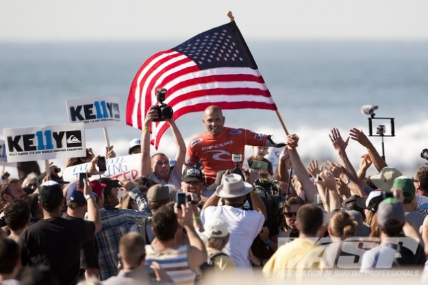 When Kelly Slater won his 11th world title, one of the greatest moments in surfing – and sporting – history was diminished by being staged in the equivalent of a lumpy, dried-out suburban footy ground. Photo: ASP/Cestari Kelly Slater Ocean Beach Rip Curl Pro Search