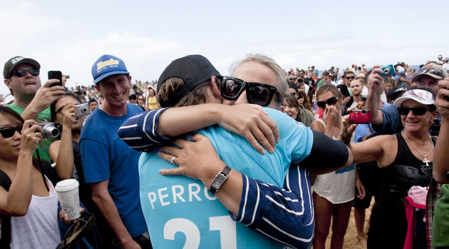 Team Perrow celebrates Kieren's win at the Pipeline Masters. Photo: ASP/Cestari Team Perrow celebrates Kieren's win at the Pipeline Masters. Photo: ASP/Cestari