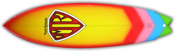 Today, my Mark Richards, 6’1”, red and orange with the skull-stenciled fins was snapped at Ocean Beach, here in San Francisco. Photo: markrichardssurfboards.com