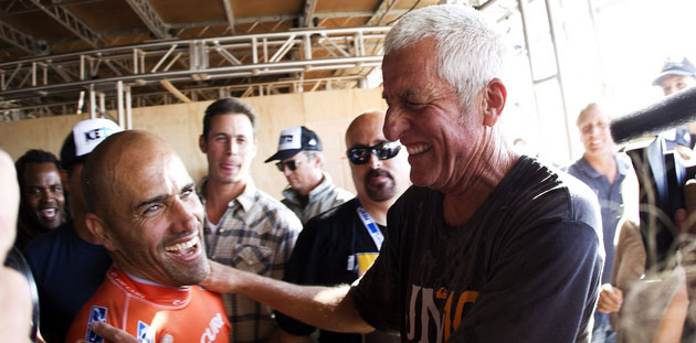 Mark Cunningham with good friend Kelly Slater after Slater's 11th World Title was announced. Photo: ASP/Kirstin Mark Cunningham with good friend Kelly Slater after Slater's 11th World Title was announced. Photo: ASP/Kirstin