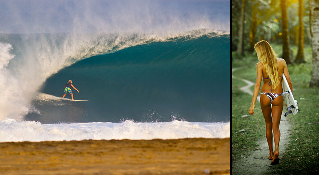 In many senses, professional female athletes must become a walking contradiction: a Roman gladiator in high heels. Keala Kennelly and Alana Blanchard demonstrate the polarity well. Photo (L) Ryan Struck (R) Russell Ord Keala Kennelly XXL PUerto Escondido ALana Blanchard Butt