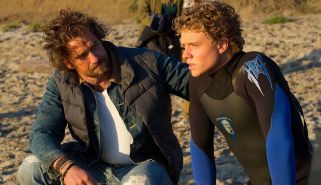Gerard Butler (Frosty) and Jonny Weston (playing Jay Moriarity) star in Chasing Mavericks.