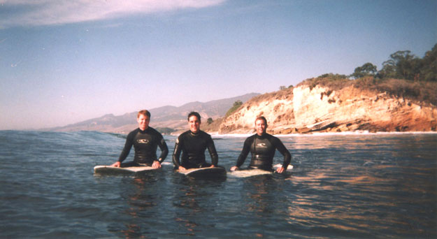 Justin, me and Scott at our spot, somewhere north of Santa Barbara, probably in 2003. This is the best day we've ever had there - crystal-clear water on a Fall day and the surf was waist-to-chest high, peeling right for 100 yards from the reef to the sand. Besides the guy who took our photo, we were the only ones out.
