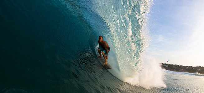 South of the border, Derek Dunfee is as cool as a cucumber in a heavy Puerto barrel. Photo: John Maher