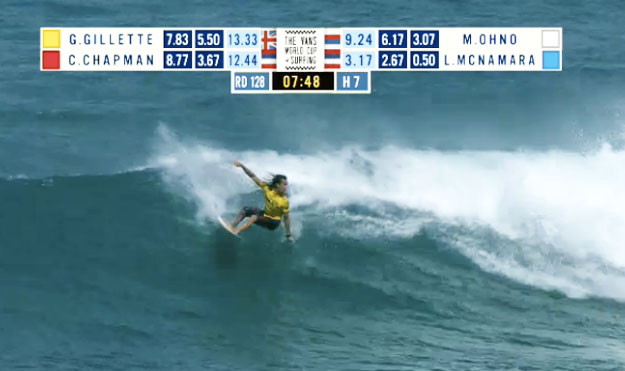 The Vans World Cup of Surfing got off on the right foot this morning at Sunset Beach, with the first round of competition hitting the waves at 8am. Wave face heights are around 8 feet, with occasionally bigger sets.