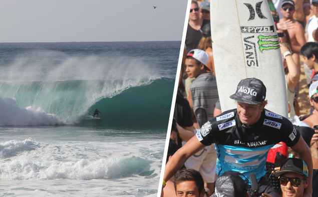 Kelly Slater, slotted in a big Pipe drainer || John John chaired up the beach after winning the Triple Crown.