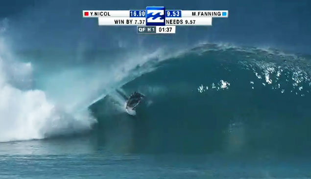 Mick Fanning...getting the score he needed to claim the World Title during the Quarterfinal against Yadin Nicol. Mick Fanning...getting the score he needed to claim the World Title during the Quarterfinal against Yadin Nicol.