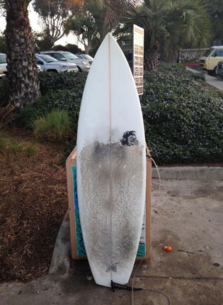 My current daily driver, a 5-10 Bonzer 3 by Danny Martinez. Looking nice and worn in with a bunch of dirty wax and the requisite pressure dents on the deck.