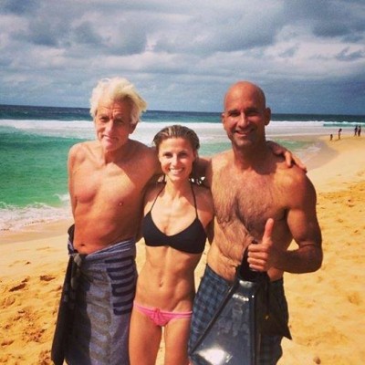 Scotti posing with two male models: Mike Stewart and Marc Kunningham