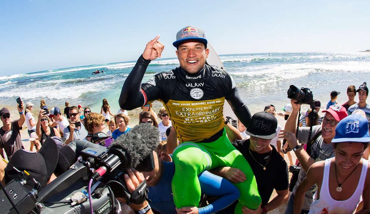 The Drug Aware Margaret River Pro was an event full of shiny newness. To begin with, this was the first year it was a World Tour event. Then part of the contest was run at The Box. And then, to top it all off, a man who has never won an ASP event held up the trophy. Photo: Kirstin/ASP