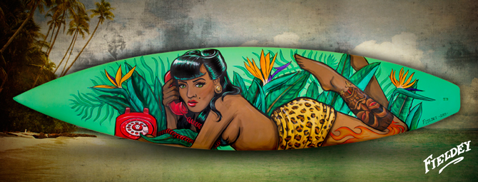 "Hula Girl 2" 2013. Aerosol and acrylic paint on surfboard. Commission piece. Photo: <a href="https://www.fieldey.com/">Fieldey</a>