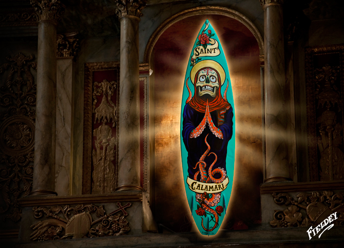 "Saint Calamari" 2012. Aerosol and acrylic paint on surfboard. Photo: <a href="https://www.fieldey.com/">Fieldey</a>
