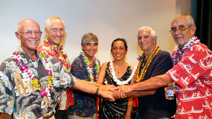 Ricky Grigg, Peter Cole, Gerry Lopez, Anna Trent Moore, george Downing, and Kimo Hollinger. Photo: Shuzo Uemoto/Courtesy of Honolulu Museum of Art