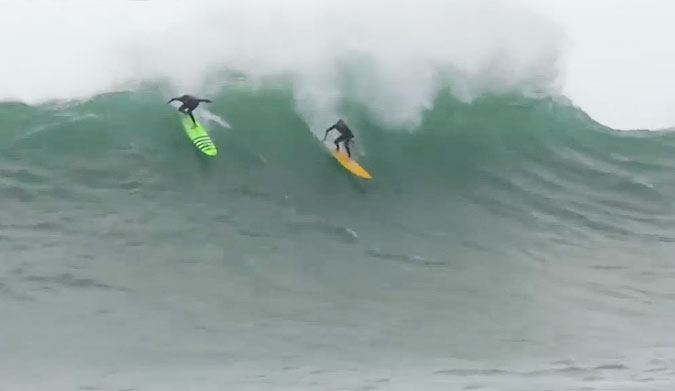 John John Florence Peter Mel, and Strider Wasilewski scrounged up a few big wave boards and paddled into a few wild and wooly monsters for a lay day evening session.