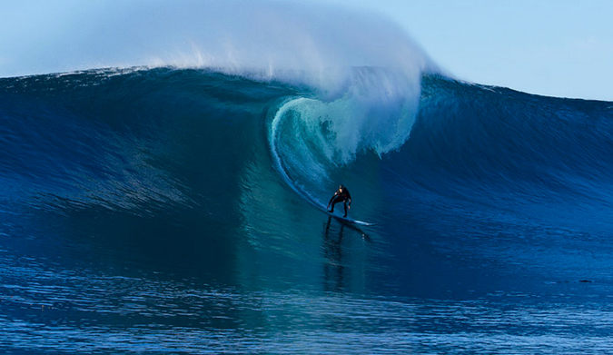 Greg Long, salt water veins and all, charges Cortes Bank. Photo: Frank Quirarte