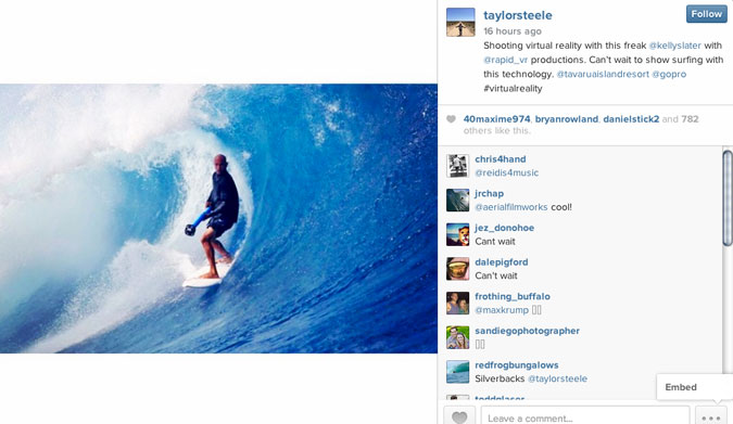 Kelly Slater shooting with a Virtual Reality 360 degree camera with <a href="www.instagram.com/taylorsteele">@taylorsteele</a> at Cloudbreak
