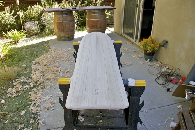 Hand shaping my first alaia. I used 6 planks of paulownia that was sustainably grown on a plantation in Georgia. This project took one weekend.